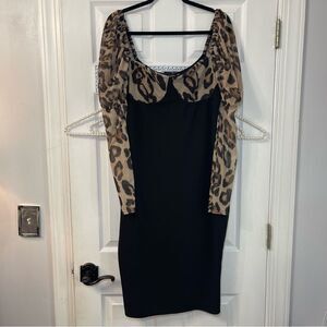 Boohoo Black Dress with Leopard Print Mesh Sleeves